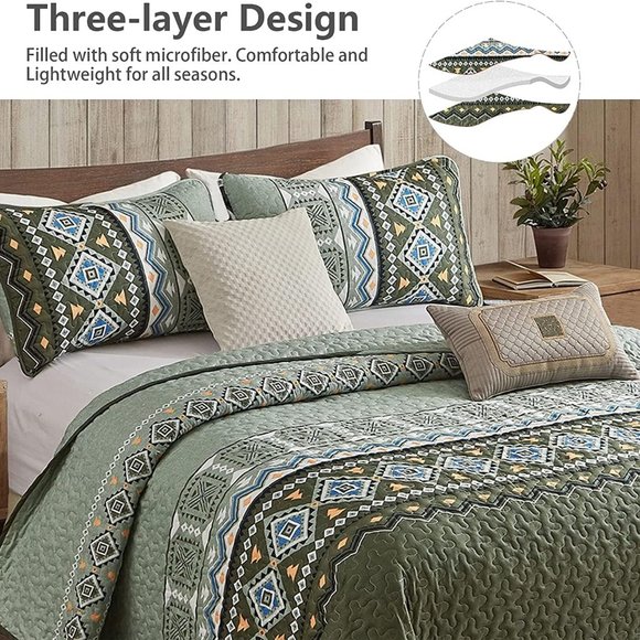 New Boho Olive Green 3 PC Bedding 100% Polyester Quilt Set • Reversible • QUEEN - Picture 5 of 9